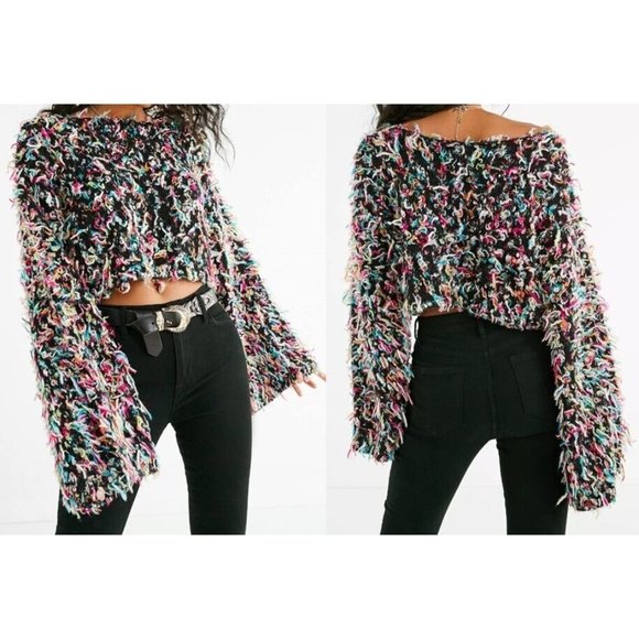 Urban Outfitters Sweaters - Urban Outfitters Tai Cropped Fringe Sweater Sz M Bell LS Black Multi-Color NWOT